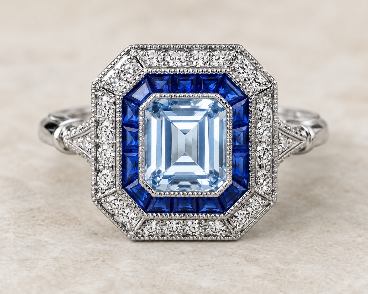 Blue and green Art Deco gemstone ring representing The Marlow Heritage Collection