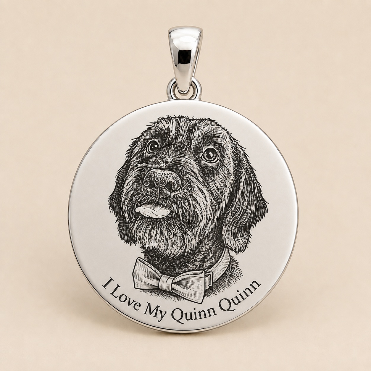 Sterling silver custom pet portrait pendant representing The Marlow Menagerie