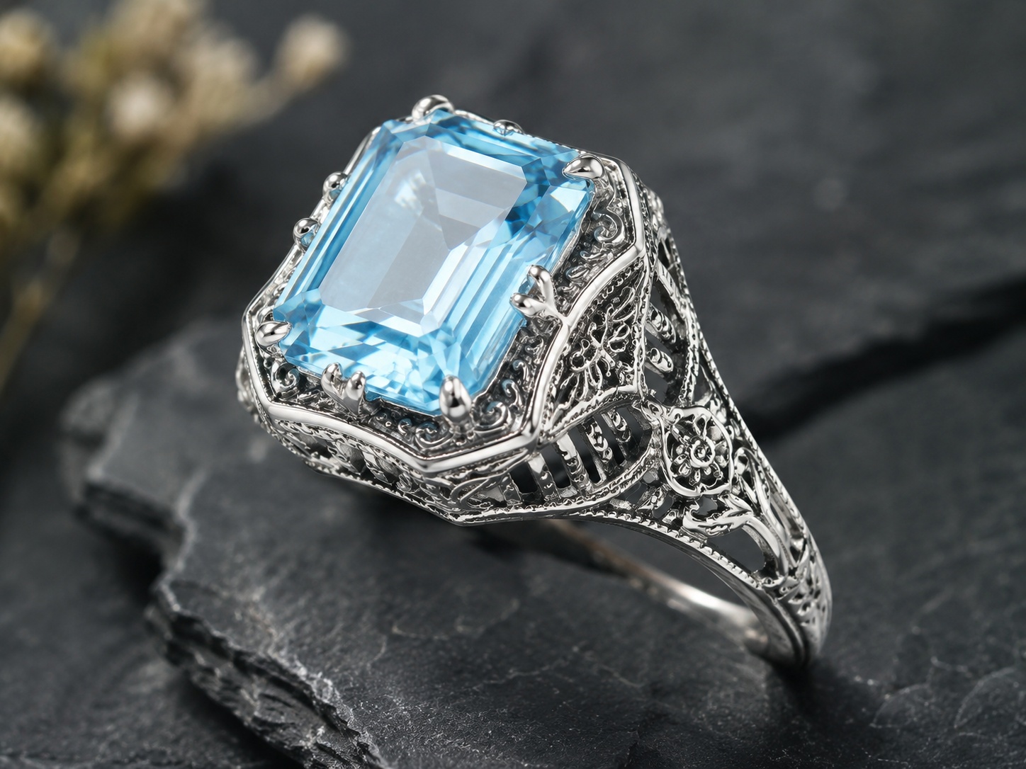 Sterling silver London blue topaz filigree ring representing The Marlow Heritage Collection