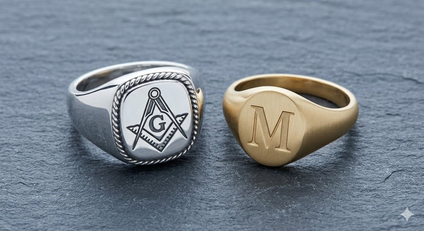Sterling silver signet and gold vermeil Masonic rings representing The Marlow Heritage Collection