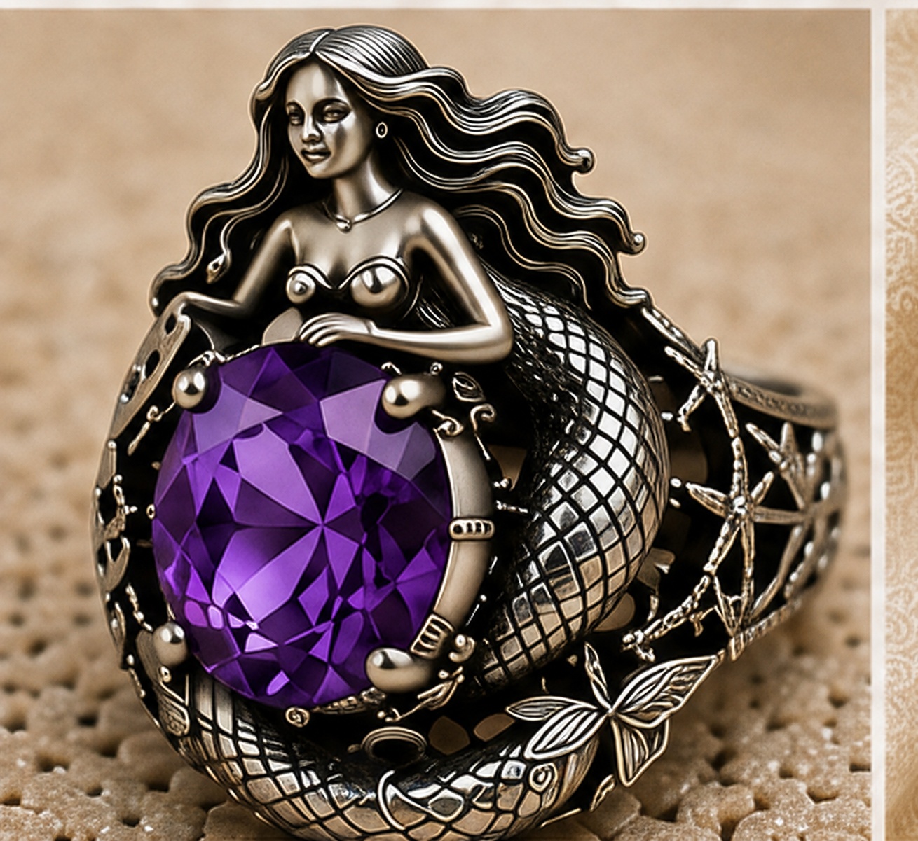 Sterling silver mermaid gemstone ring representing The Marlow Menagerie