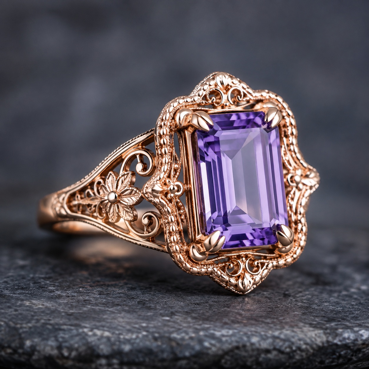 Rose gold vermeil filigree gemstone ring representing The Ash and Gold Collection